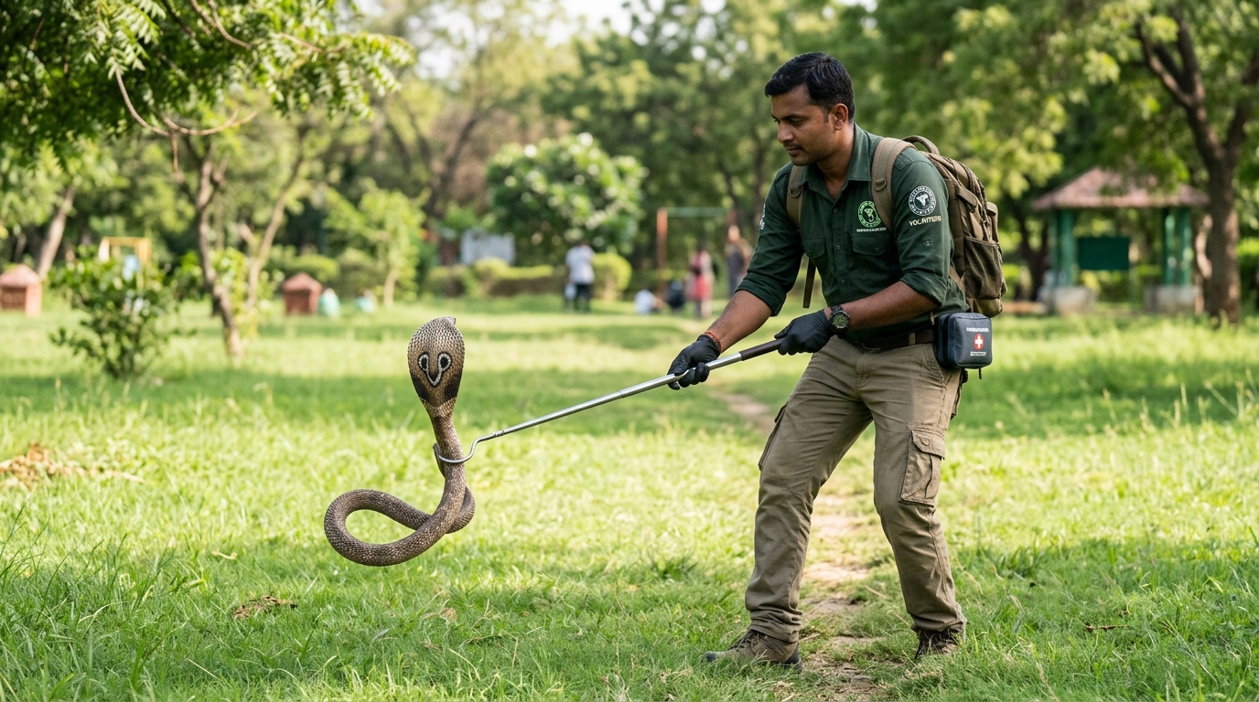 Skilled snake rescue volunteer safely handling an Indian Cobra in Gandhinagar
