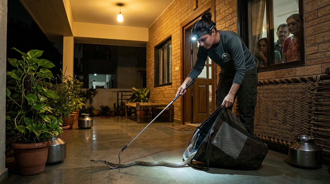 Night rescue callout safely guiding snake into transport bag at home