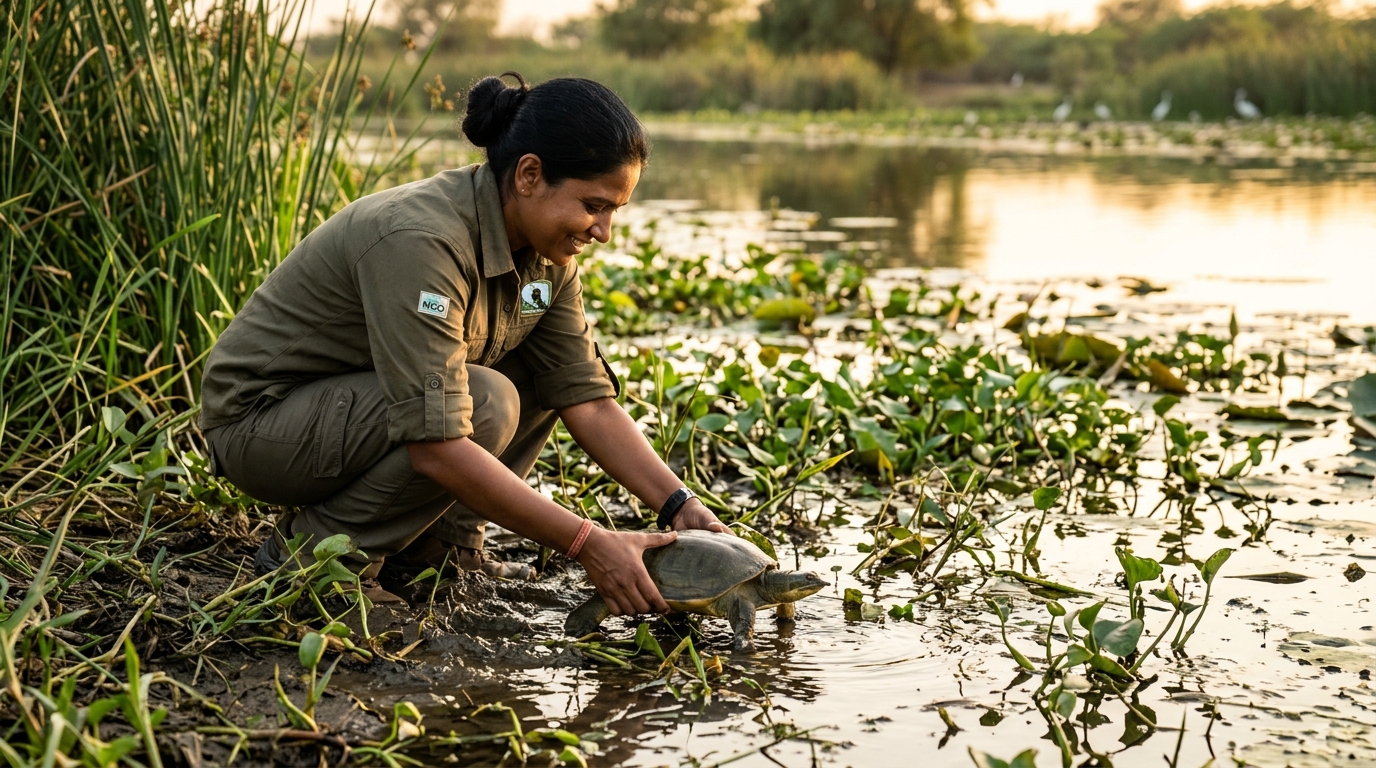 Releasing rescued native turtle safely into wetland habitat